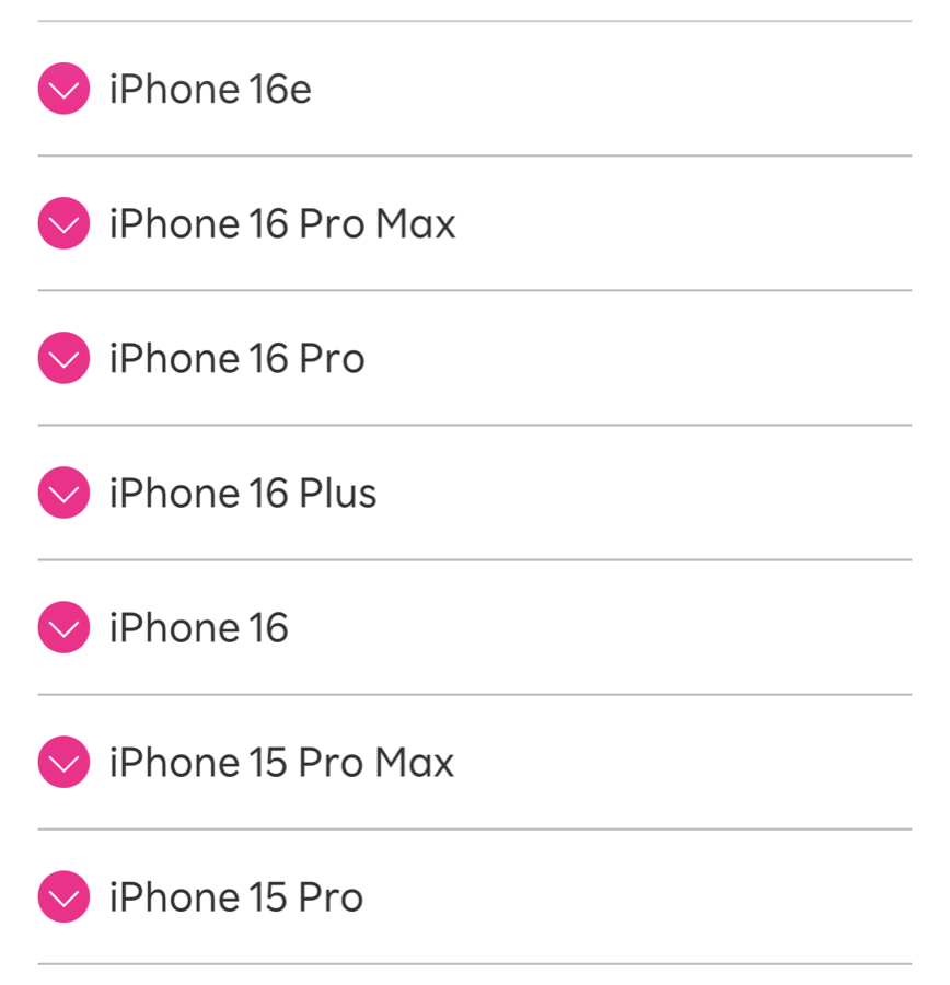 楽天回線対応製品ページでiPhoneに絞り込んだ一覧。iPhone 16eから16 Pro Max、16 Pro、16 Plus、16、15 Pro Max、15 Proなどが並んでいる