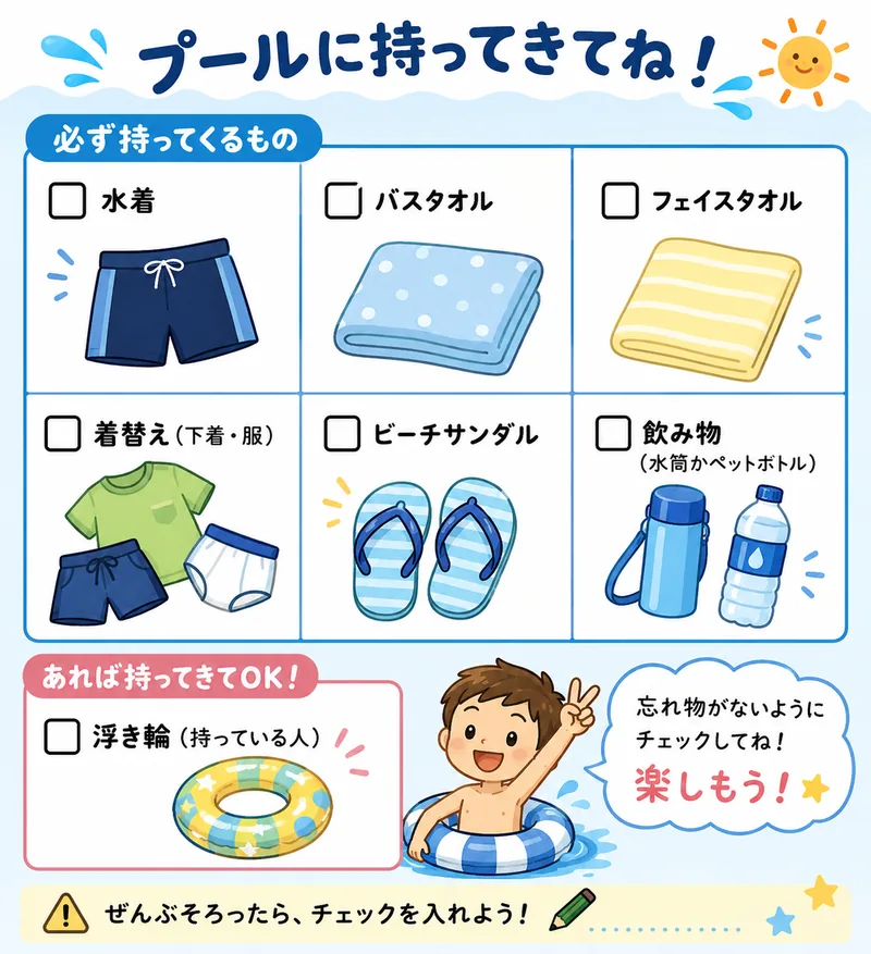 実際にLINEで送ったプールの持ち物チェックリスト。水着・バスタオル・フェイスタオル・着替え・ビーチサンダル・飲み物と、あれば浮き輪